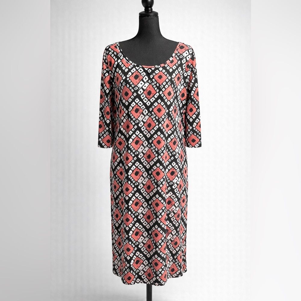 Basic Necessities Geometric Print Maxi Dress 3/4 Sleeve Scoop Neck Size L
